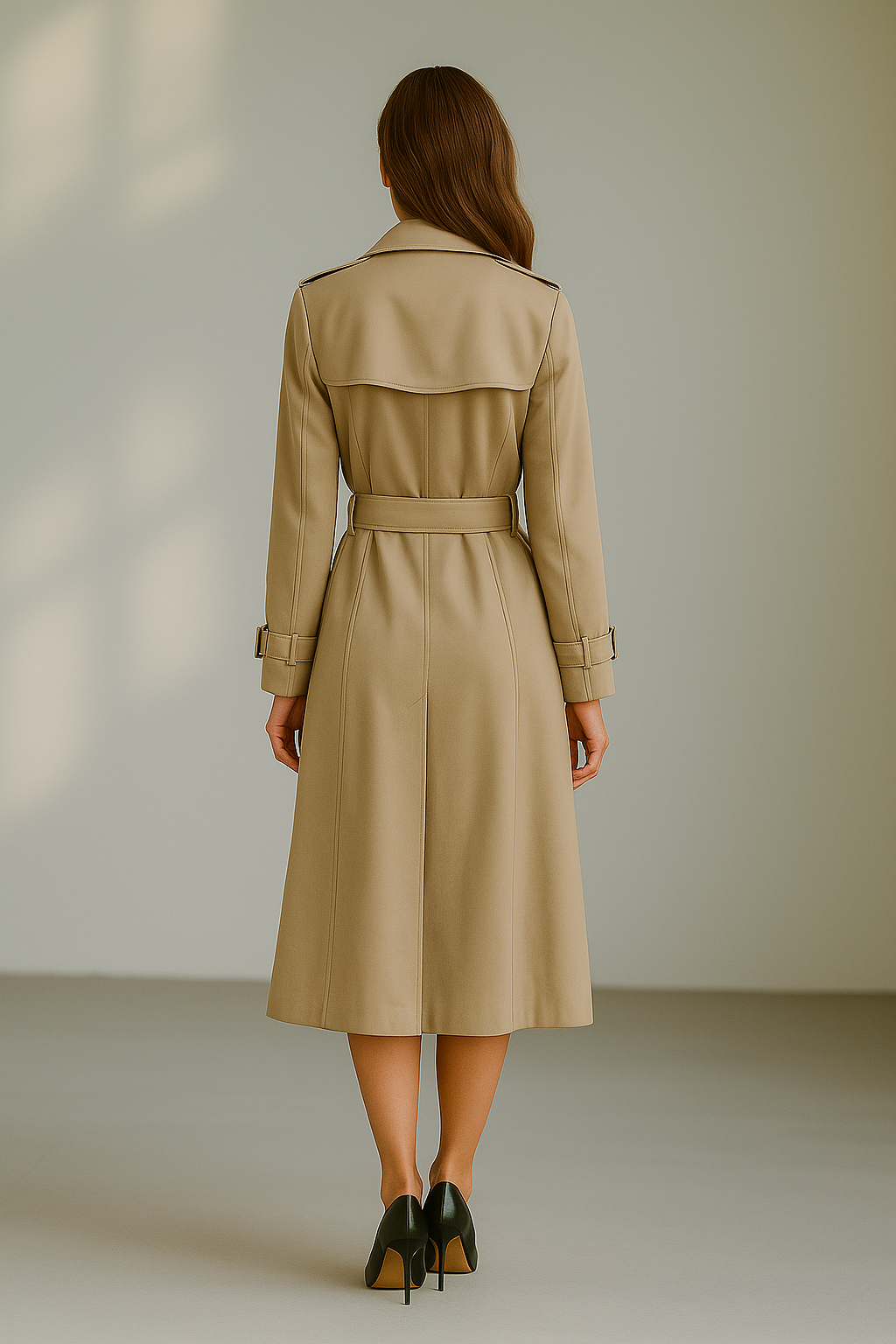 Women’s beige long trench coat with belt and double-breasted front