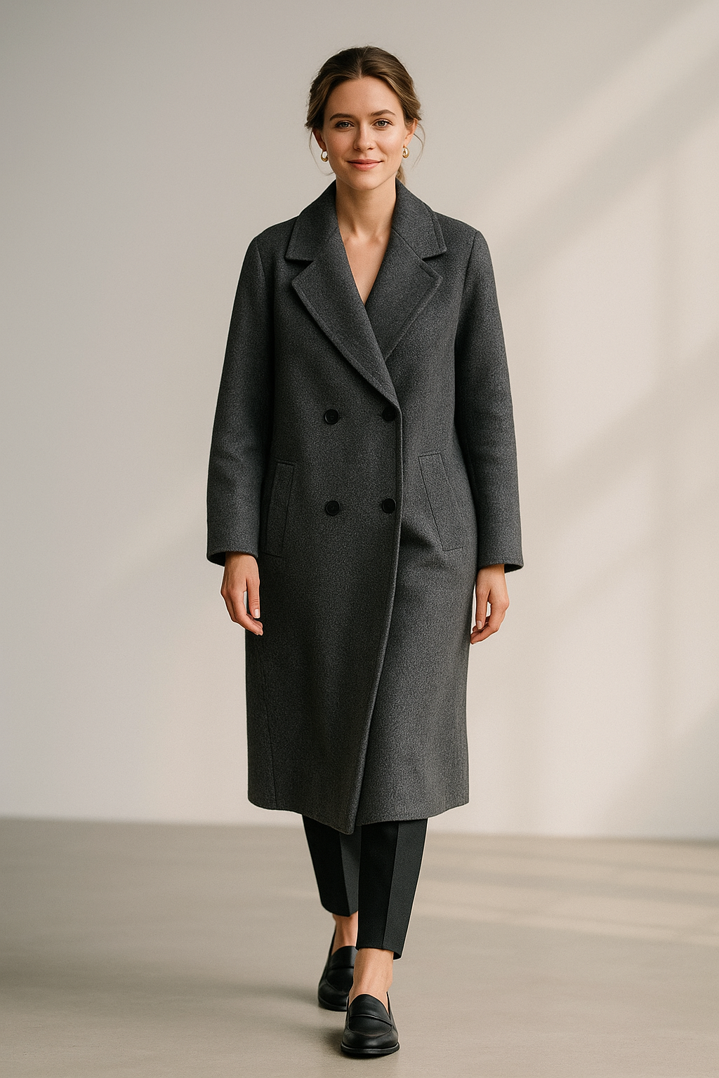Women’s grey double-breasted wool-blend coat with notched lapel