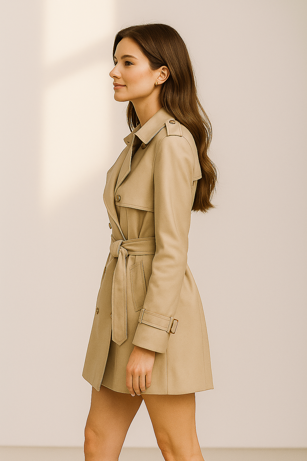 Women’s beige double-breasted short trench coat with belted waist
