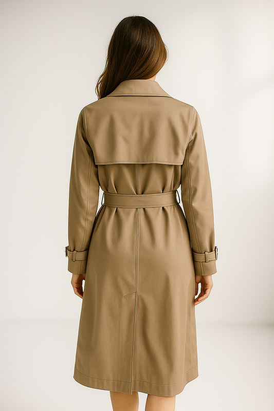 Women’s beige long double-breasted trench coat with waist tie