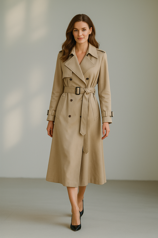 Women’s beige long trench coat with belt and double-breasted front