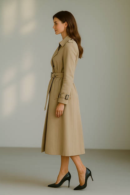 Women’s beige long trench coat with belt and double-breasted front