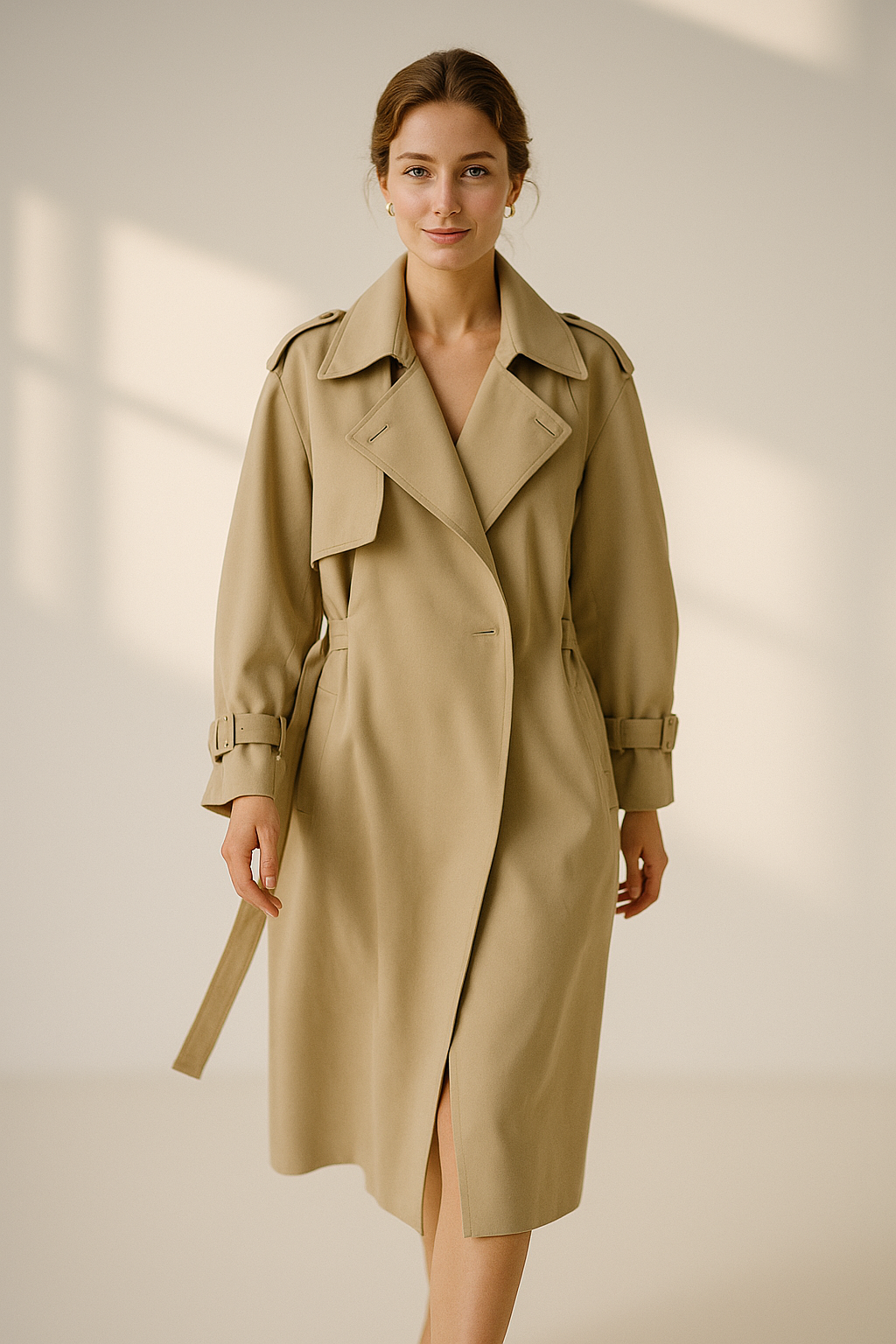 Women’s khaki long-sleeve long trench coat with single-breasted closure
