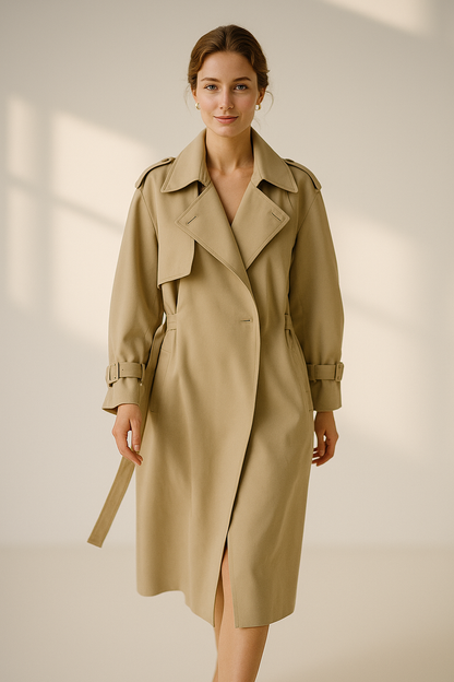 Women’s khaki long-sleeve long trench coat with single-breasted closure