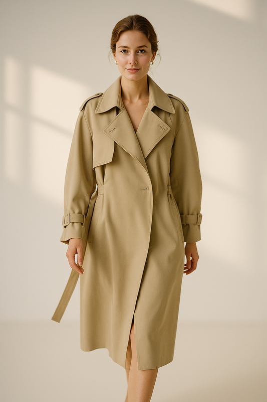 Women’s khaki long-sleeve long trench coat with single-breasted closure