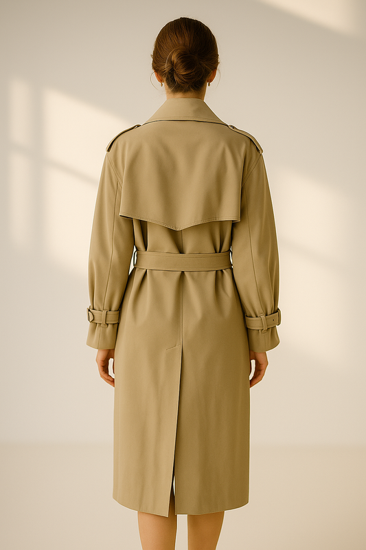 Women’s khaki long-sleeve long trench coat with single-breasted closure