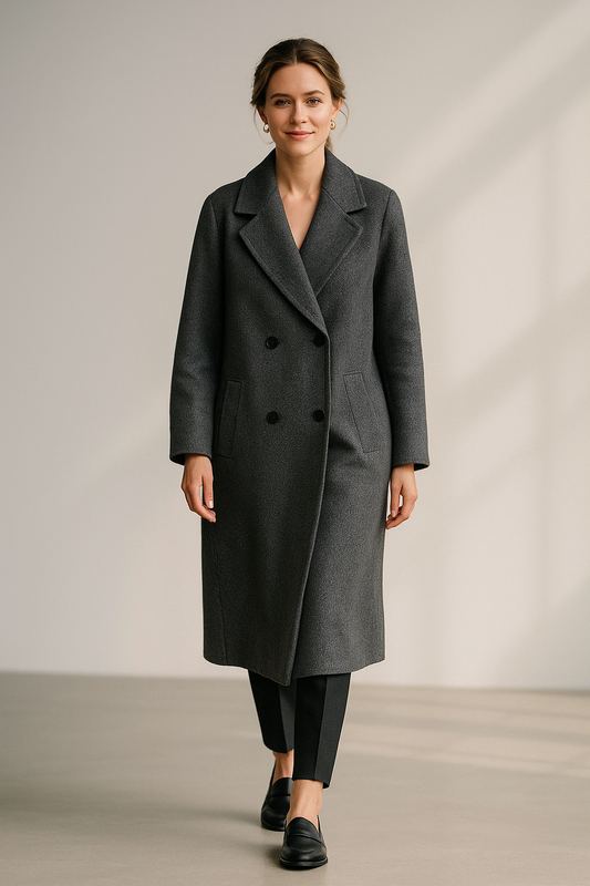 Women’s grey double-breasted wool-blend coat with notched lapel