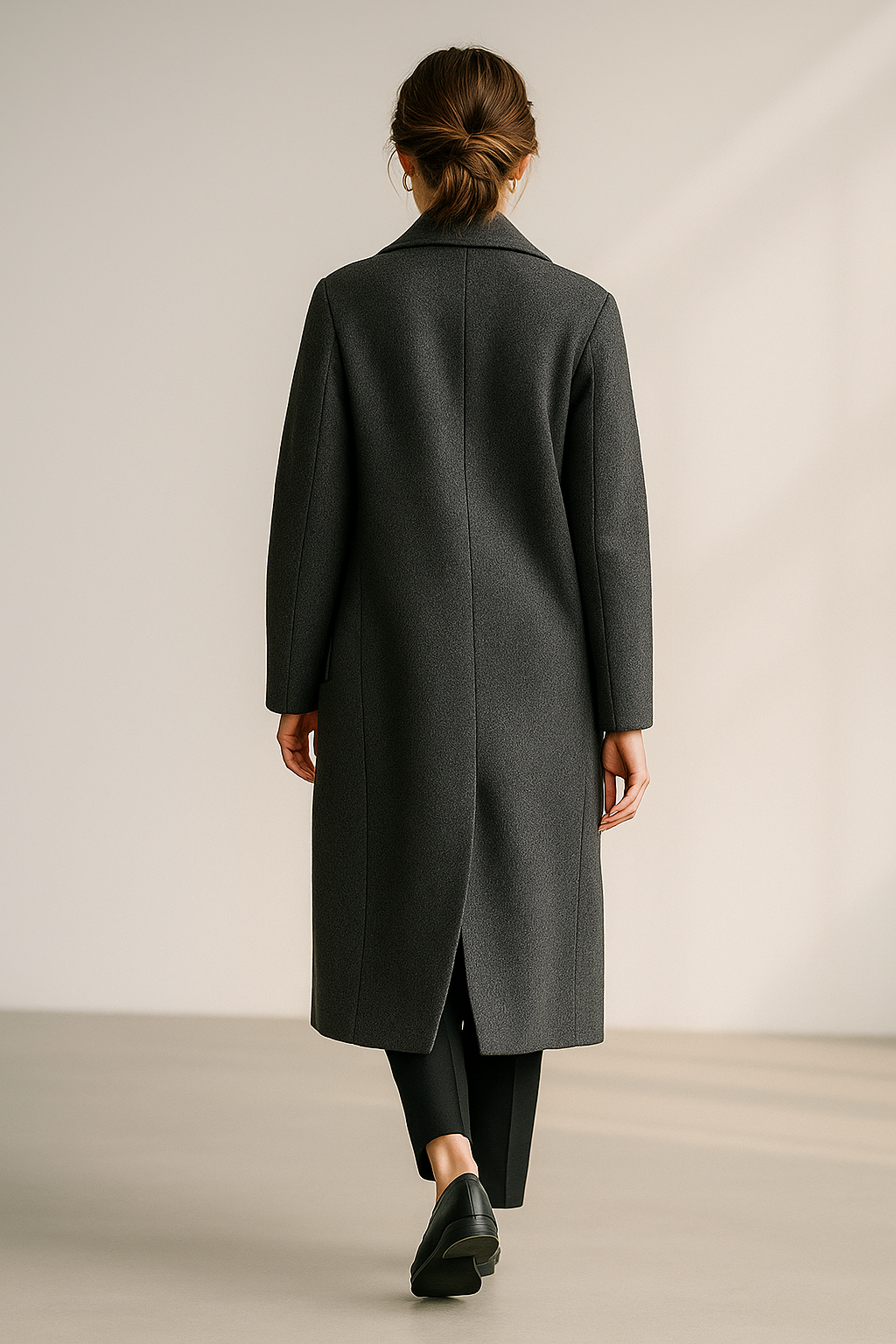 Women’s grey double-breasted wool-blend coat with notched lapel