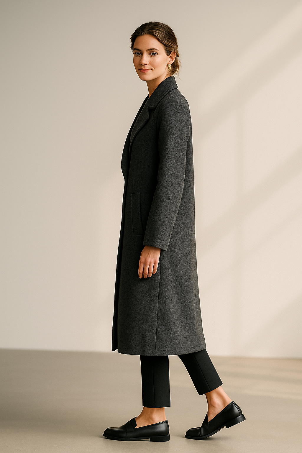 Women’s grey double-breasted wool-blend coat with notched lapel