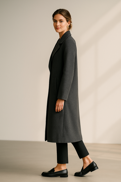 Women’s grey double-breasted wool-blend coat with notched lapel