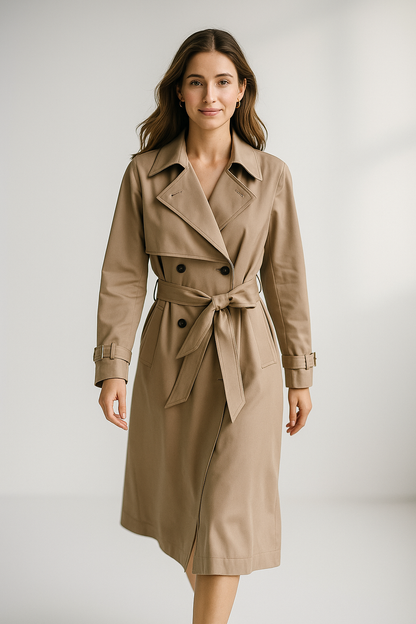 Women’s beige long double-breasted trench coat with waist tie