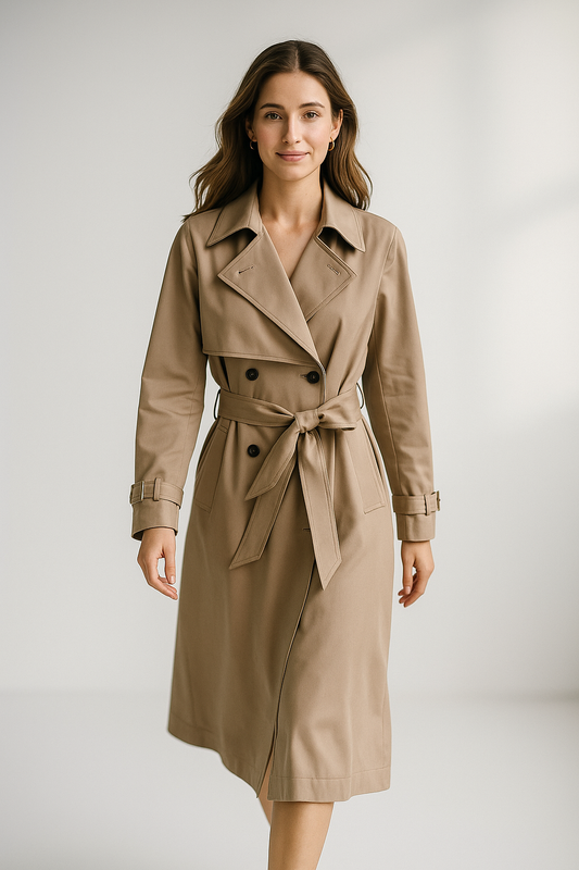 Women’s beige long double-breasted trench coat with waist tie